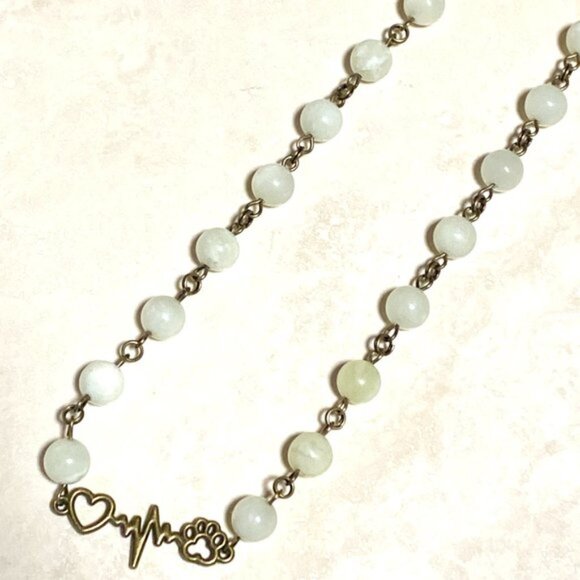 Genuine Pale Green Serpentine Necklace, Bronze Paw Print Heart Beat + Gemstone - Picture 5 of 14